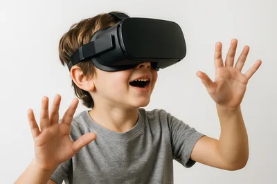 Excited Young Boy Wearing Virtual Reality Headset