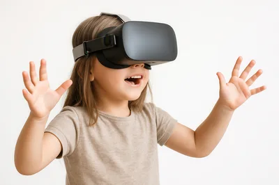 Little girl wearing virtual reality headset interacting with metaverse