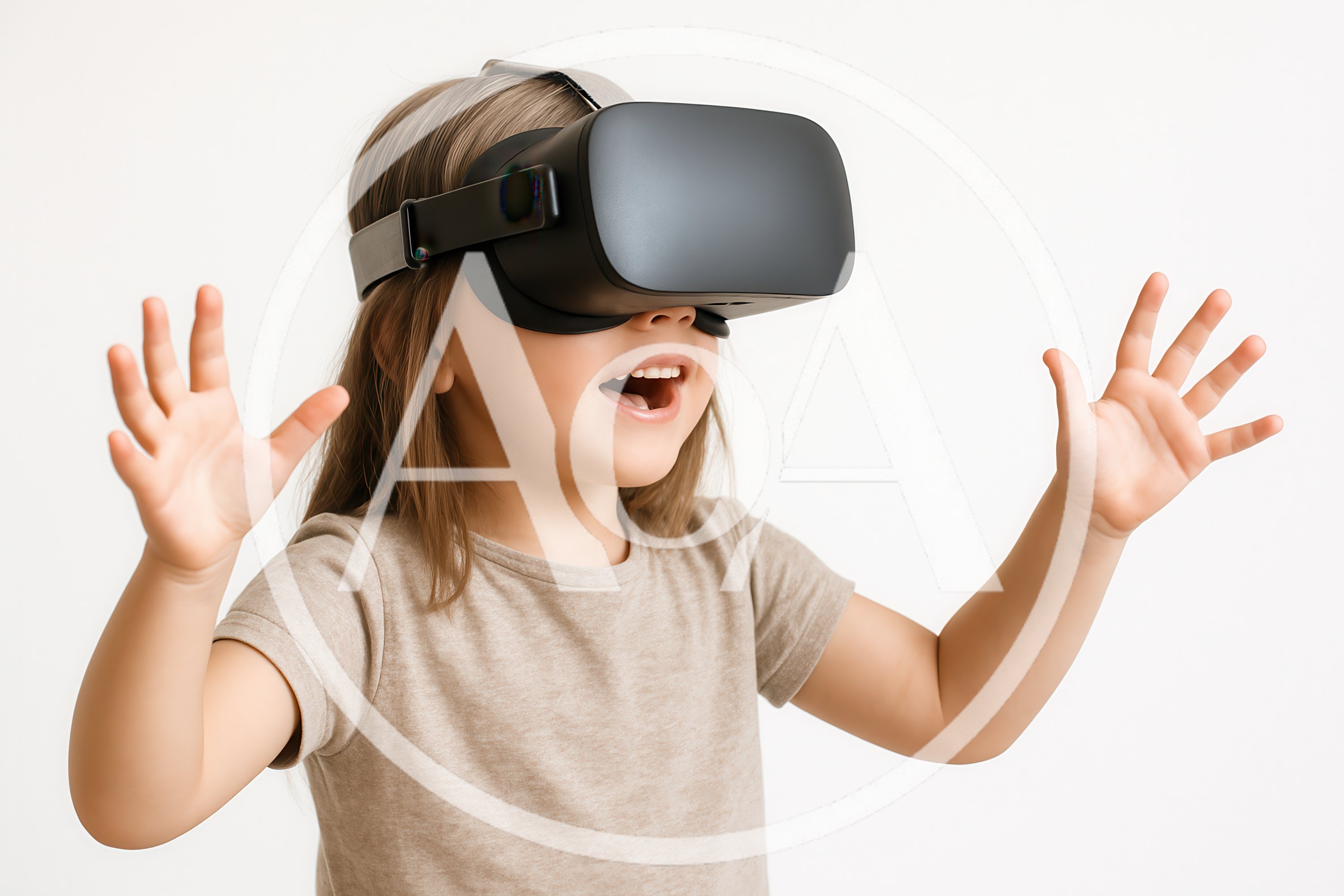 Little girl wearing virtual reality headset interacting with metaverse