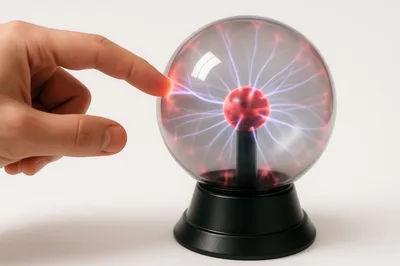 Human Finger Touching A Plasma Ball Lamp