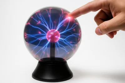 Human Finger Touching A Plasma Ball Lamp