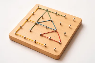 Geoboard With Colorful Rubber Bands On Wooden Board