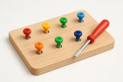 Wooden Toy Board With Colorful Screws And Screwdriver