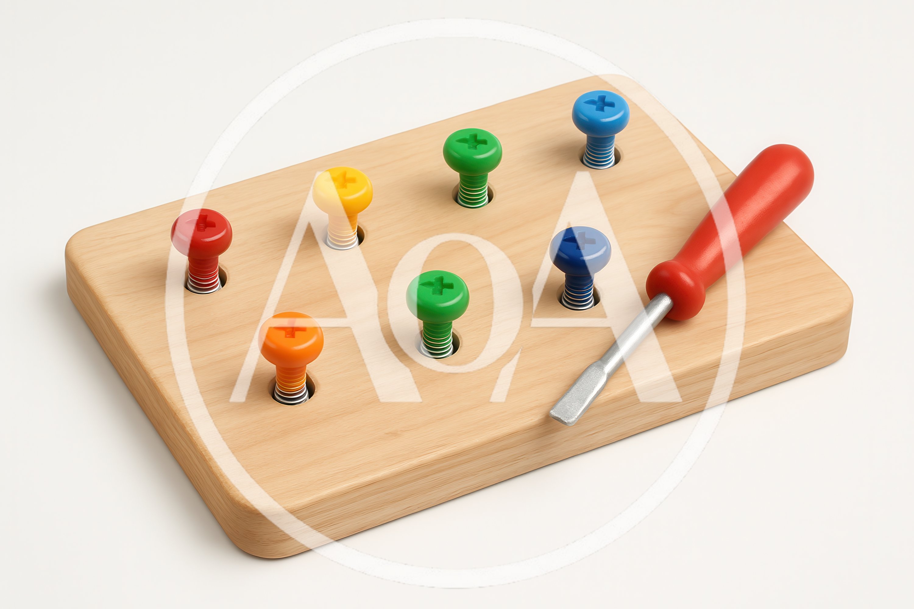 Wooden Toy Board With Colorful Screws And Screwdriver