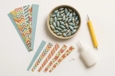 Paper Bead Making Craft Supplies On White Background
