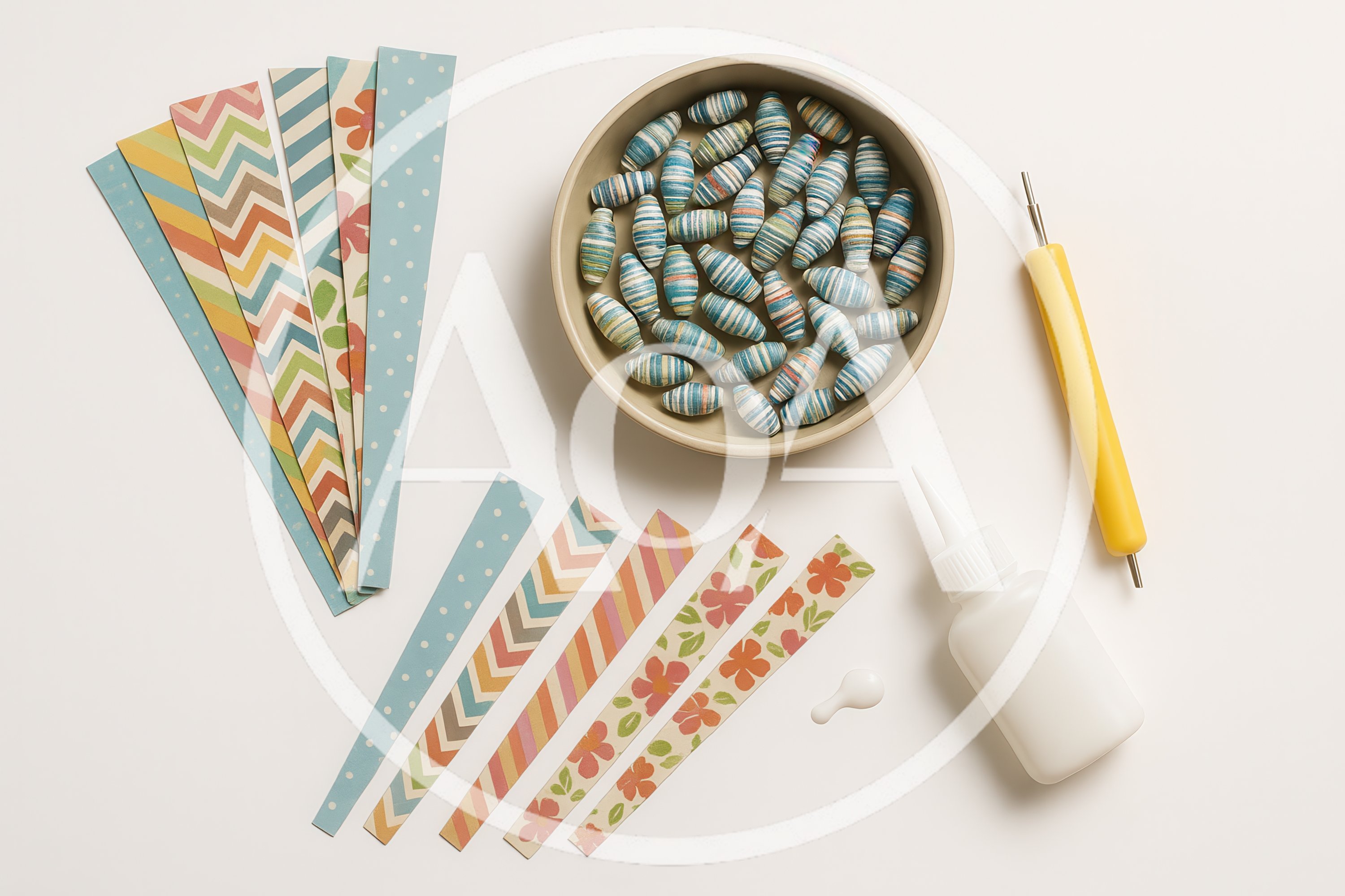 Paper Bead Making Craft Supplies On White Background