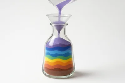 Purple Sand Pouring Into A Layered Rainbow Sand Bottle