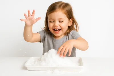 Happy Toddler Playing With Artificial Snow