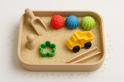 Sensory Bin With Wooden Toys And Rice