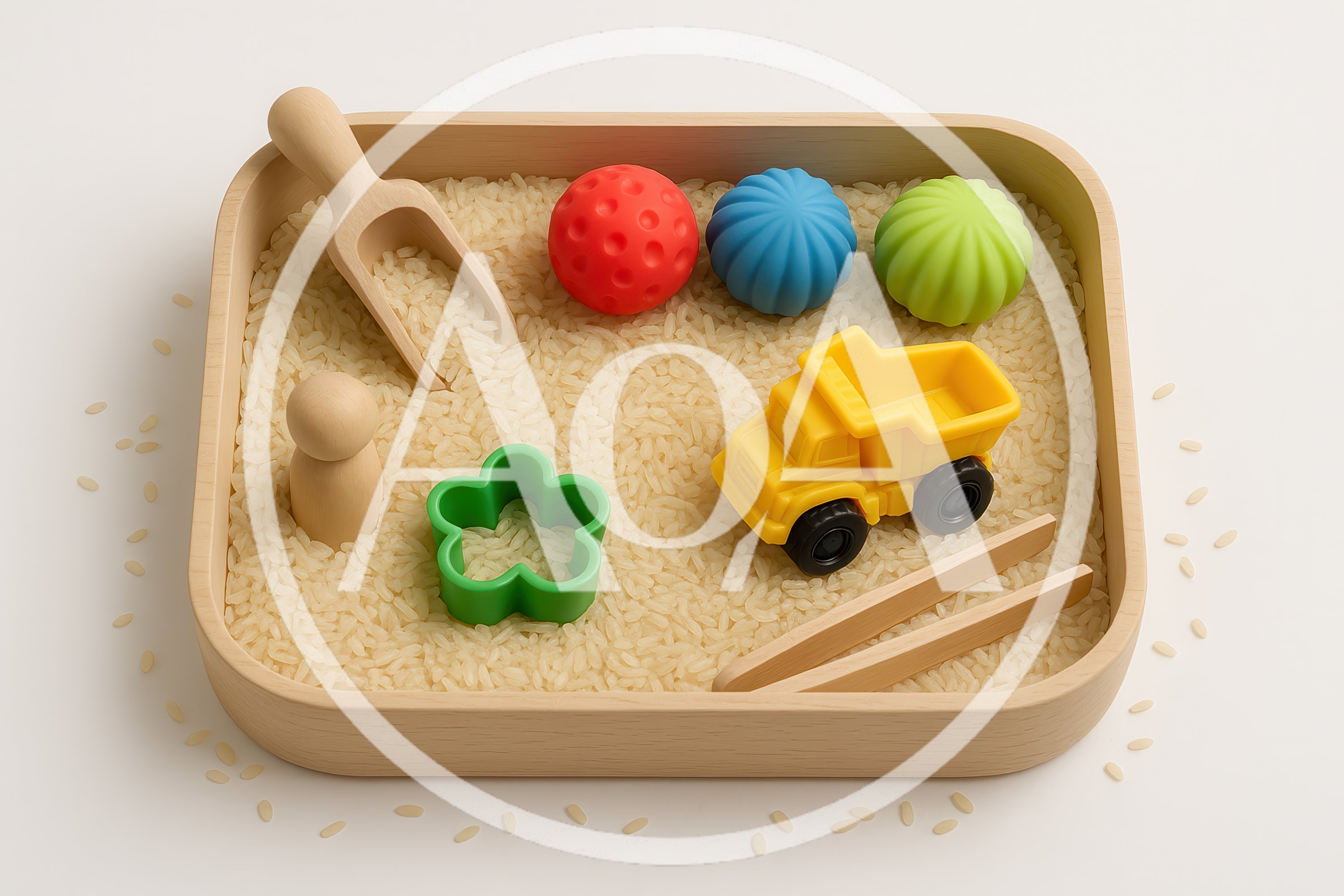 Sensory Bin With Wooden Toys And Rice