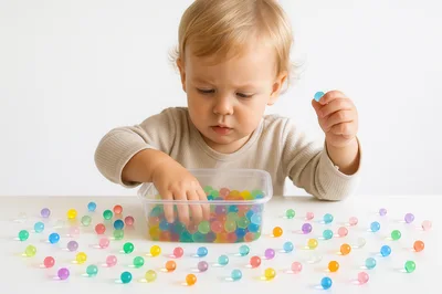 Toddler Playing With Colorful Water Beads In Container