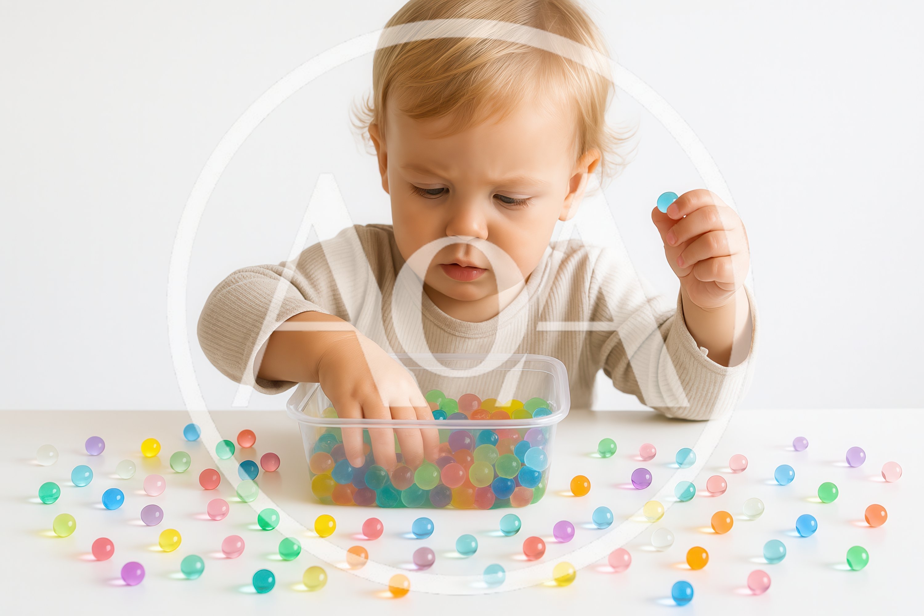 Toddler Playing With Colorful Water Beads In Container