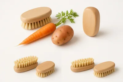 Wooden Vegetable Scrubbing Brushes With Fresh Produce