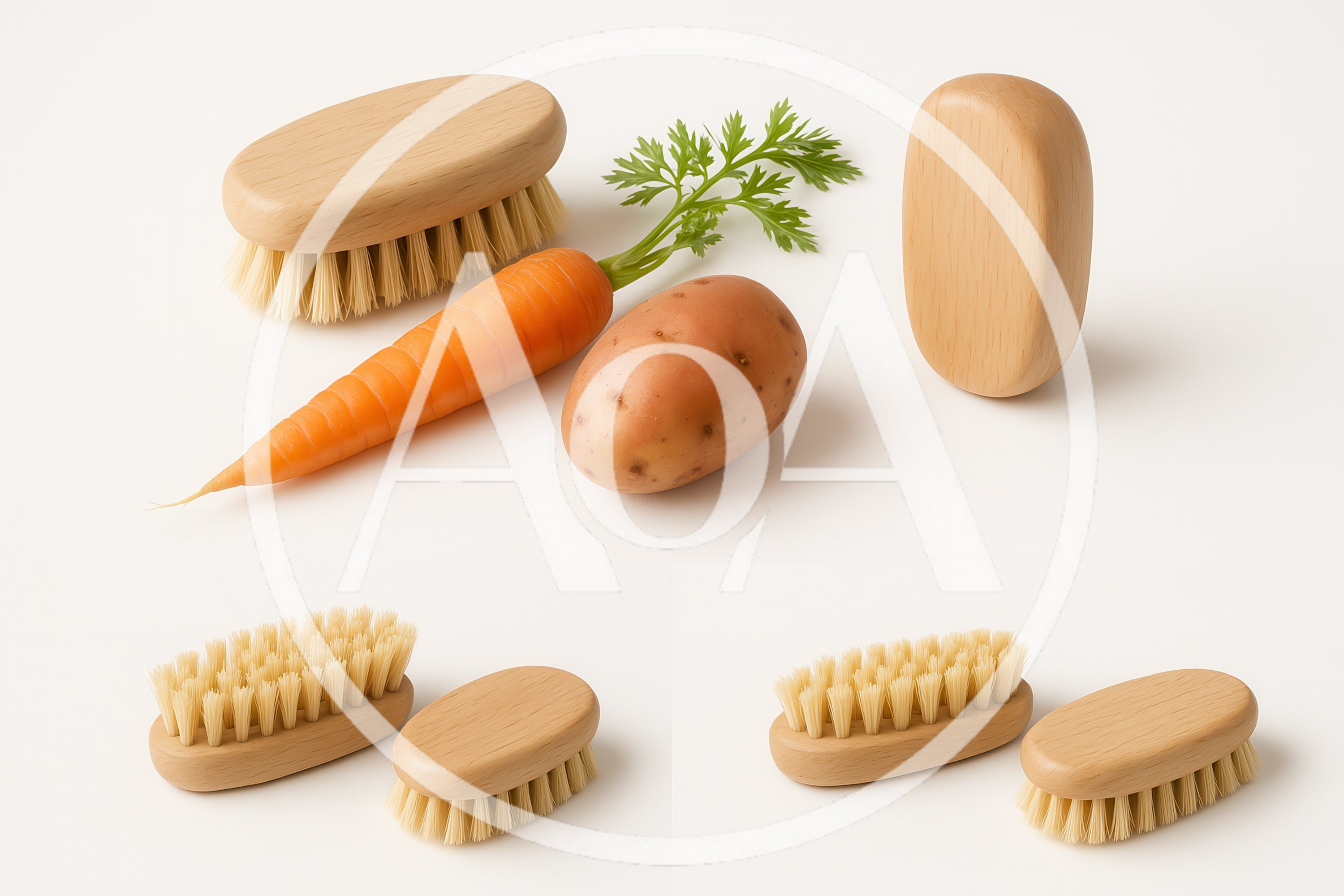 Wooden Vegetable Scrubbing Brushes With Fresh Produce