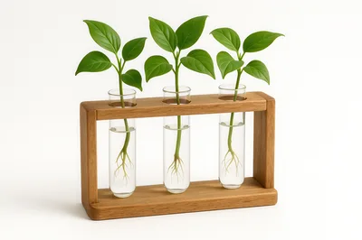 Three Plant Cuttings Propagating In Glass Test Tubes