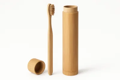 Bamboo Toothbrush and Travel Case on White Background