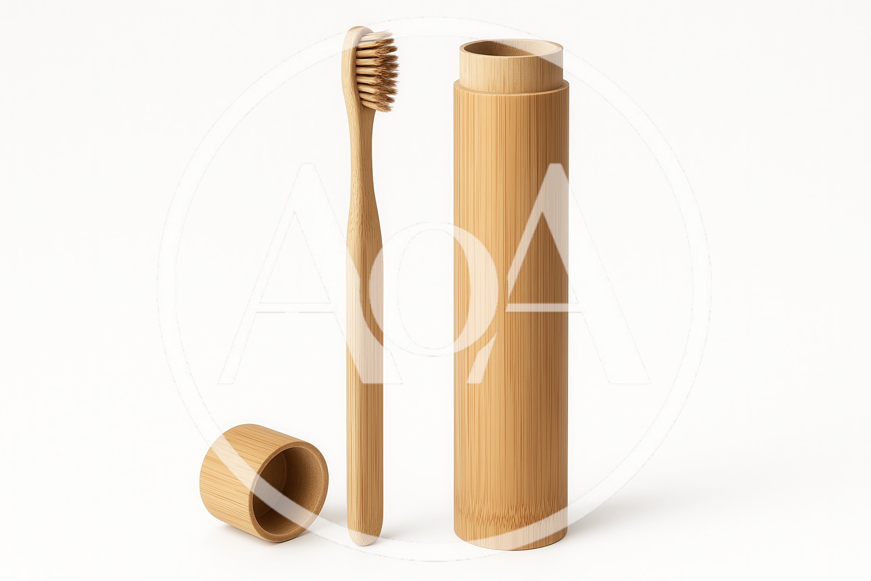 Bamboo Toothbrush and Travel Case on White Background