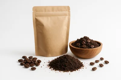 Coffee Packaging Pouch With Ground Coffee And Beans