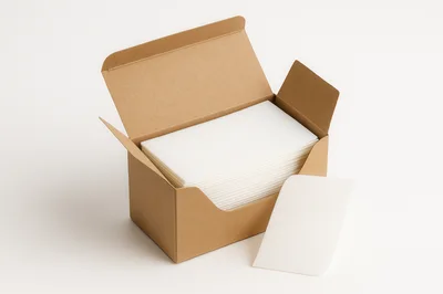 Open Cardboard Box Filled With Blank White Cards