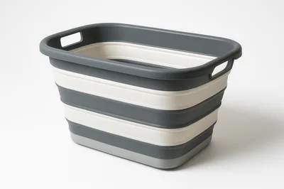 Collapsible Grey and White Plastic Laundry Basket