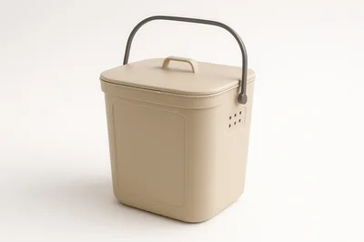 Beige Plastic Storage Bin With Lid And Handle