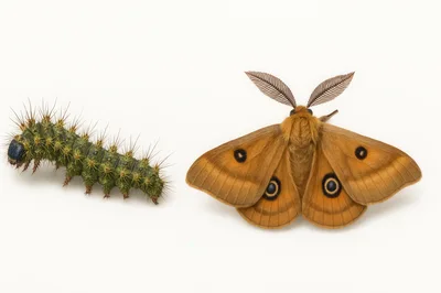 Emperor Moth Caterpillar And Adult Moth Side By Side