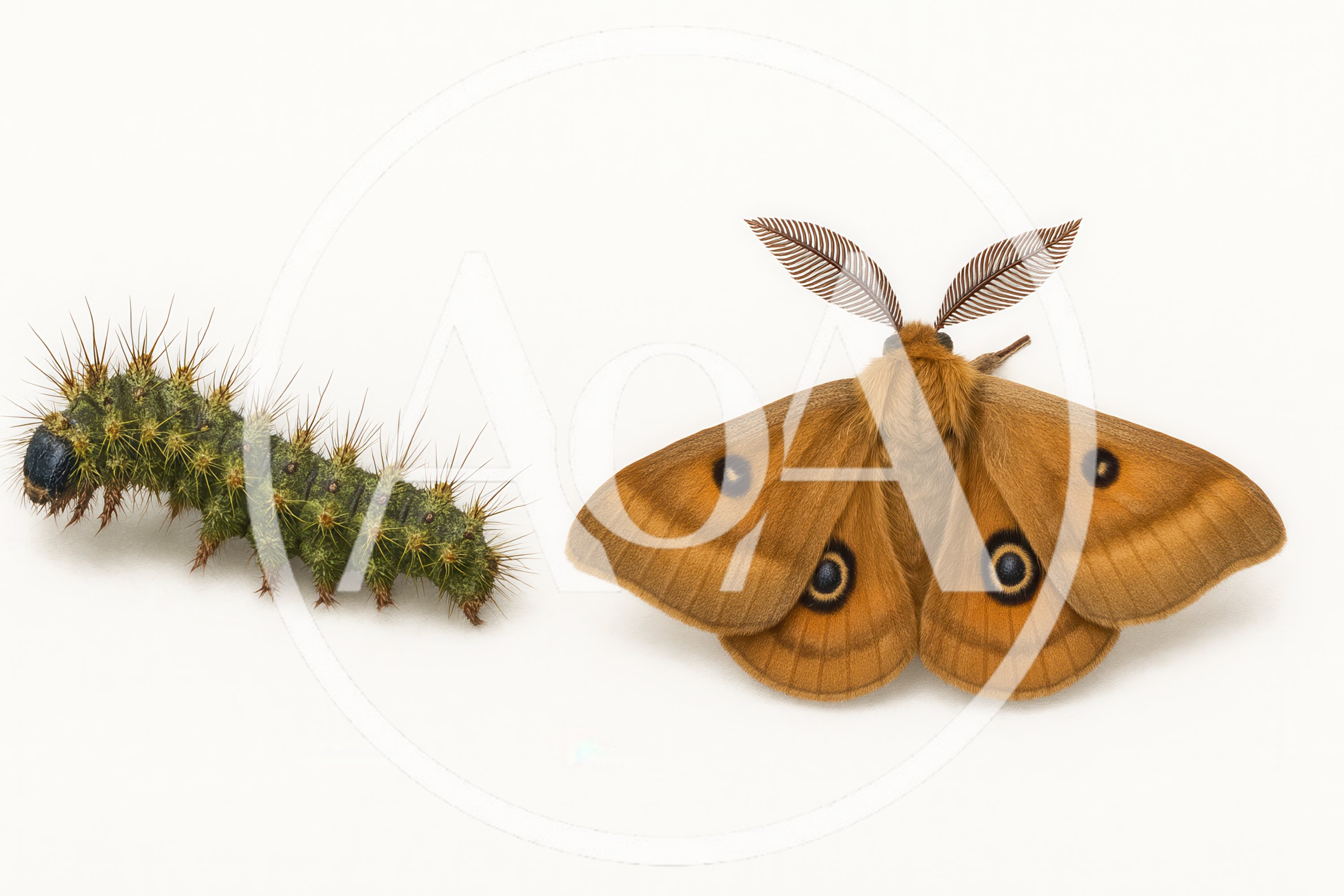 Emperor Moth Caterpillar And Adult Moth Side By Side