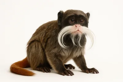 Emperor Tamarin Monkey Sitting On White Background