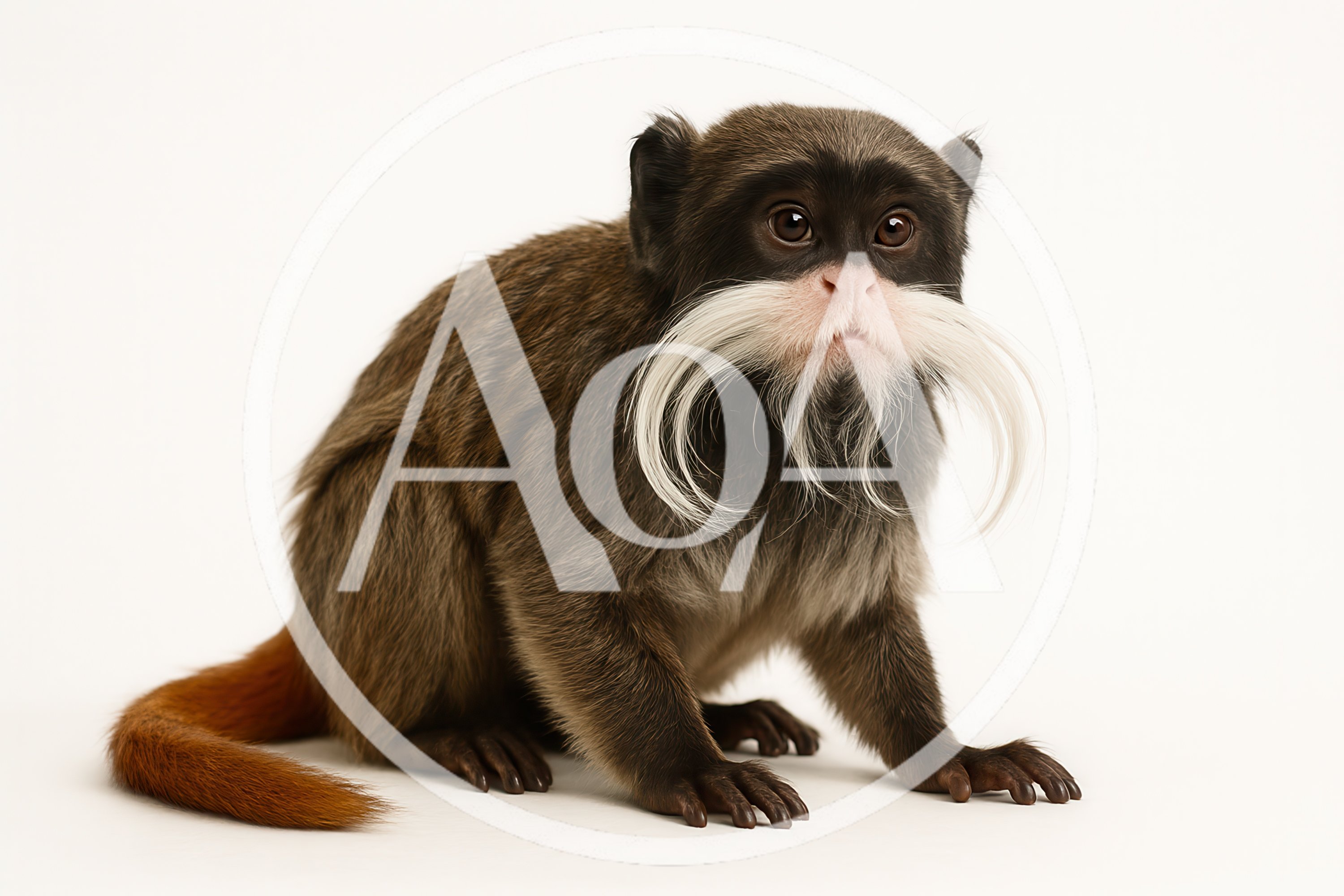 Emperor Tamarin Monkey Sitting On White Background
