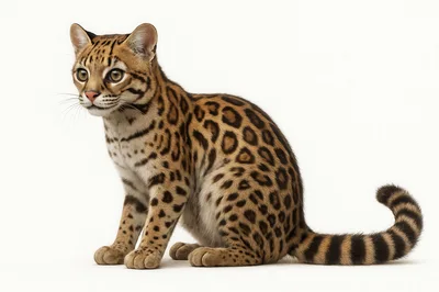 Ocelot Sitting Alertly Against A Plain White Background
