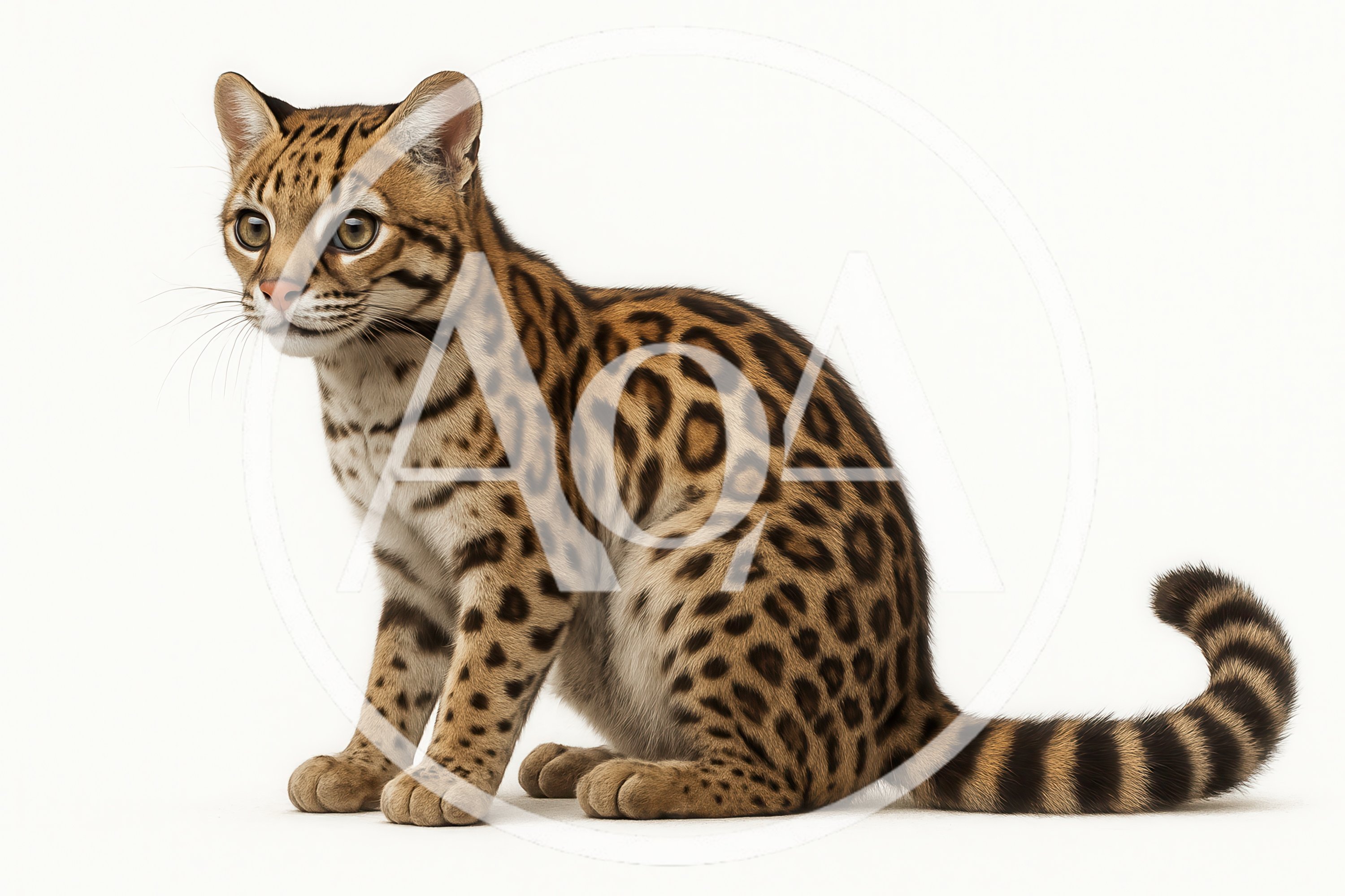 Ocelot Sitting Alertly Against A Plain White Background