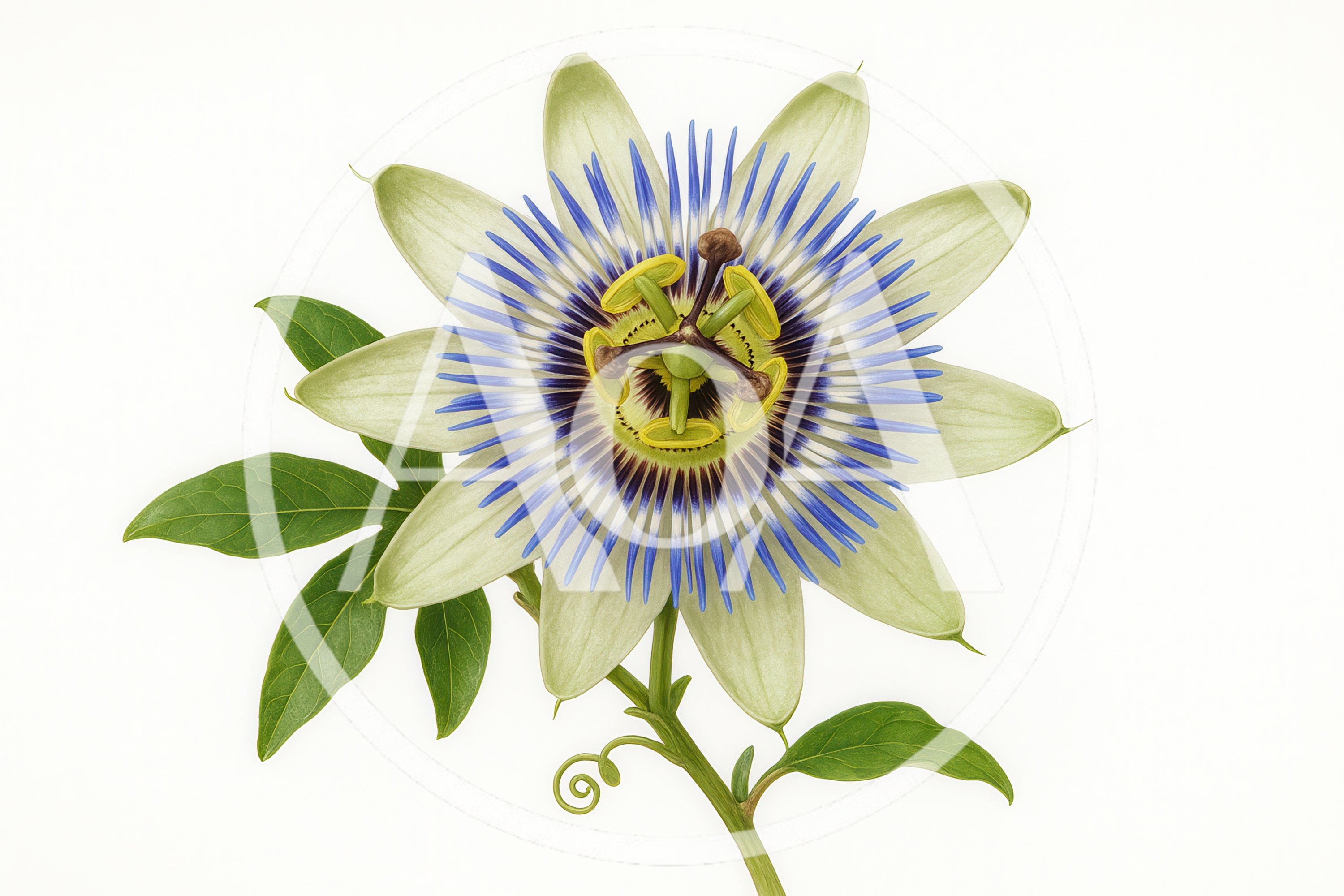 Detailed Passion Flower Bloom With Green Leaves