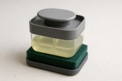 Soap Dispenser With Scrubbing Sponge On Countertop