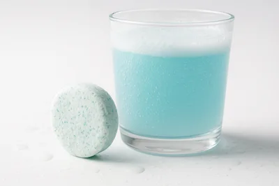 Effervescent Tablet Beside A Glass Of Blue Liquid
