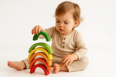 Toddler Playing With Wooden Rainbow Stacking Toy