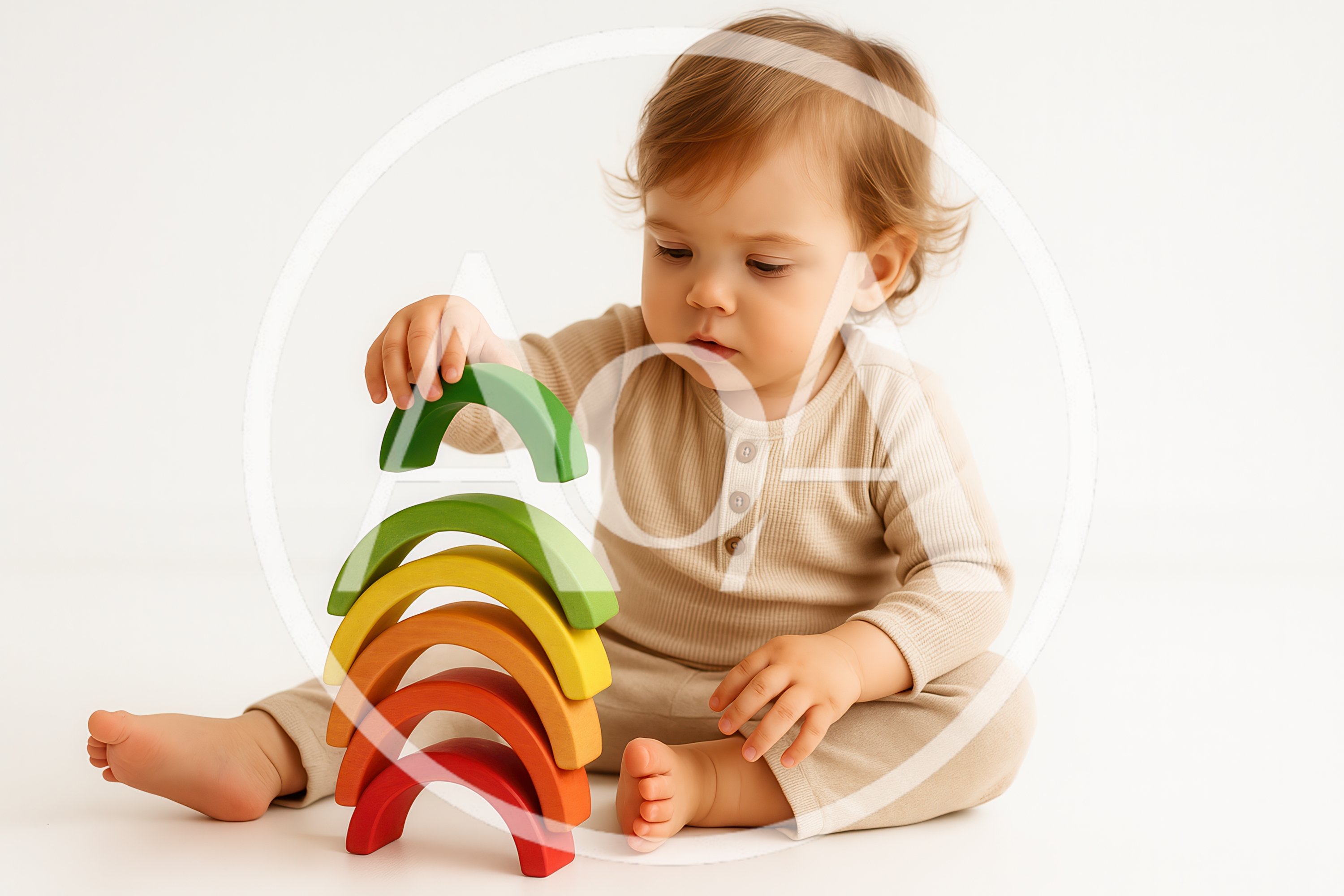 Toddler Playing With Wooden Rainbow Stacking Toy