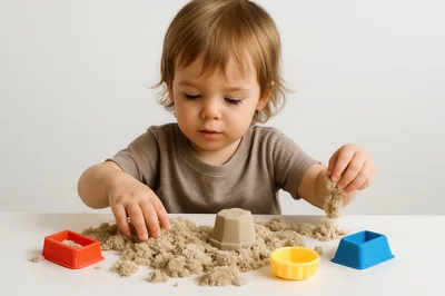 Toddler Playing With Kinetic Sand At A Table