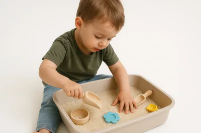 Toddler Playing With Sensory Rice Bin