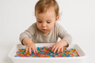 Toddler Playing With Colorful Water Beads In A Tray