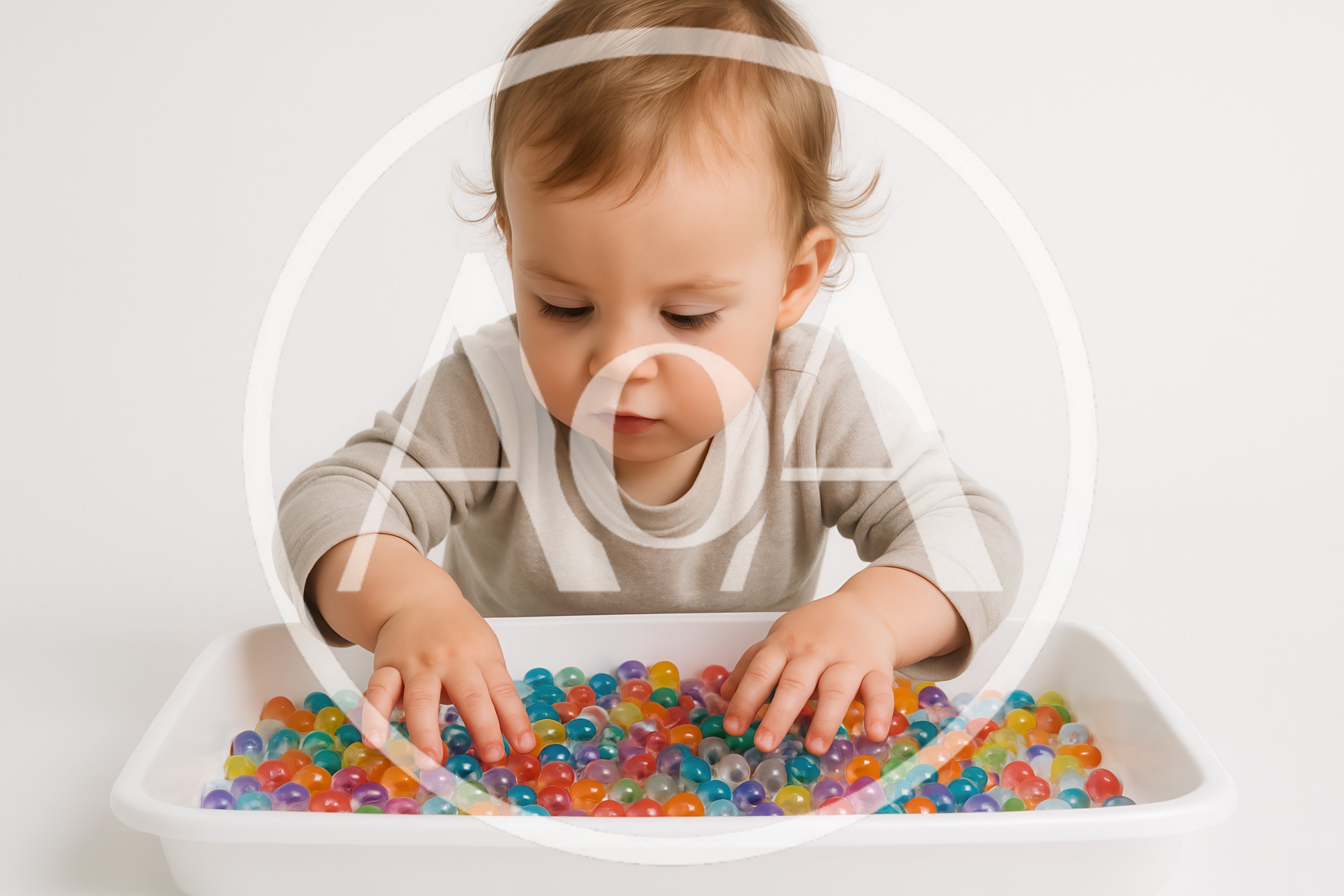 Toddler Playing With Colorful Water Beads In A Tray