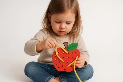 Toddler Girl Playing With Wooden Apple Lacing Toy