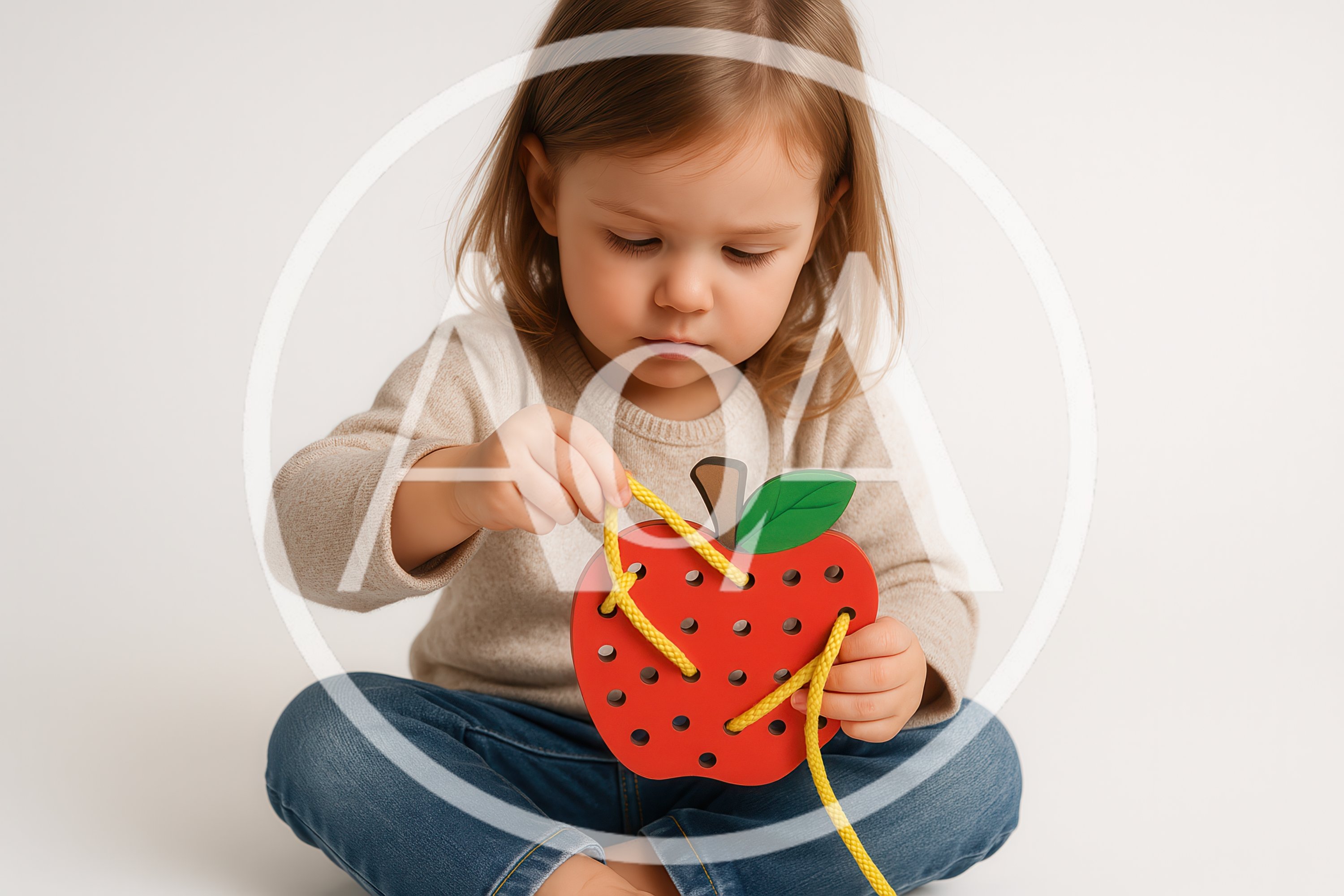 Toddler Girl Playing With Wooden Apple Lacing Toy