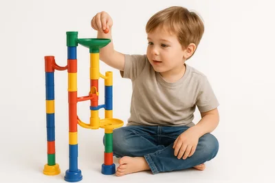 Young Boy Playing With A Colorful Marble Run Toy
