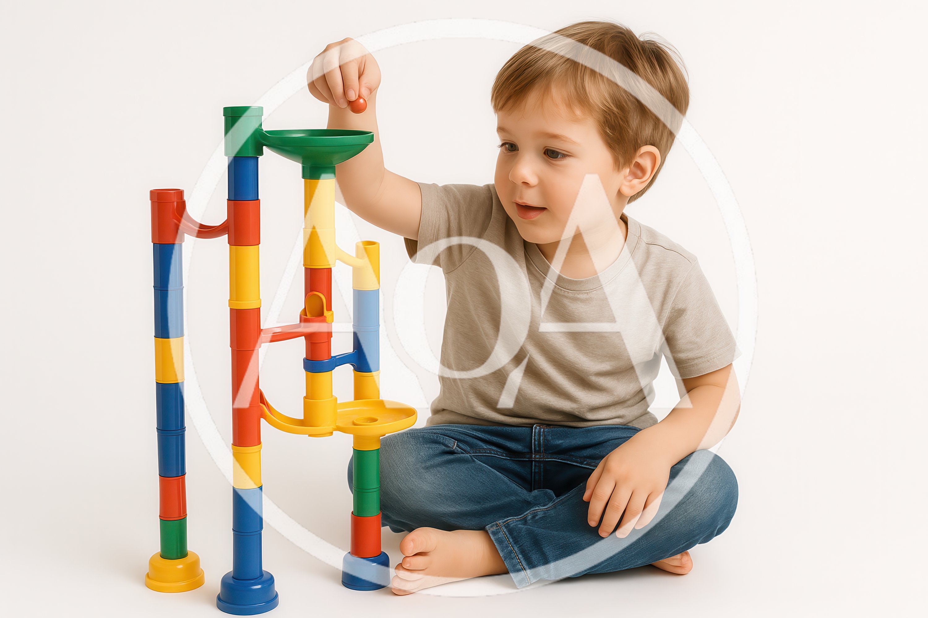 Young Boy Playing With A Colorful Marble Run Toy