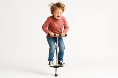 Happy Young Boy Jumping On A Pogo Stick