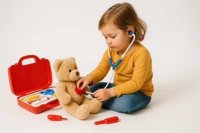 Toddler Girl Playing Doctor With Teddy Bear