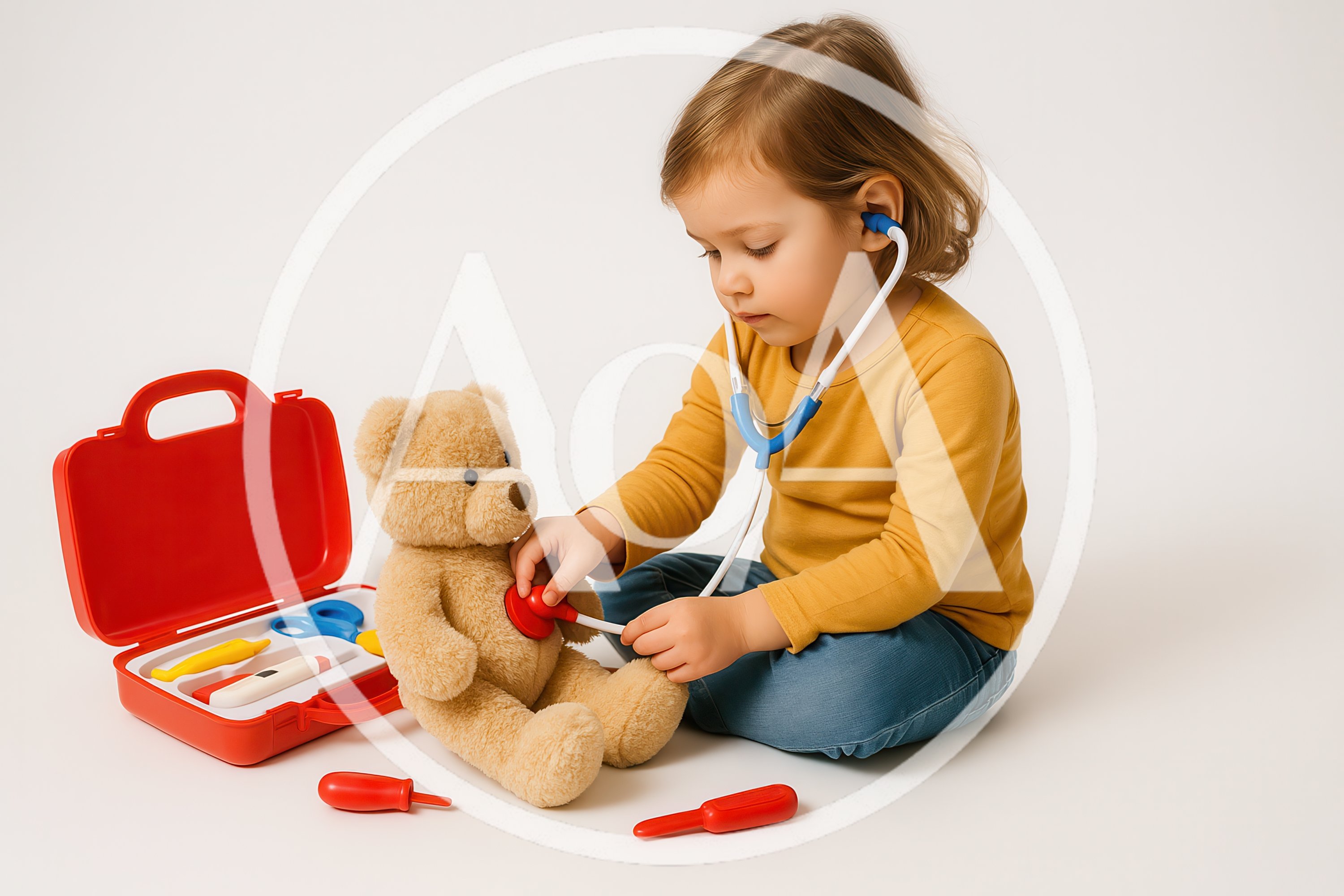 Toddler Girl Playing Doctor With Teddy Bear