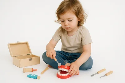 Toddler Playing Dentist With Toy Teeth Set
