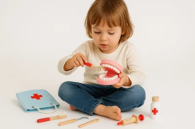 Toddler Playing Dentist With Toy Teeth And Medical Kit