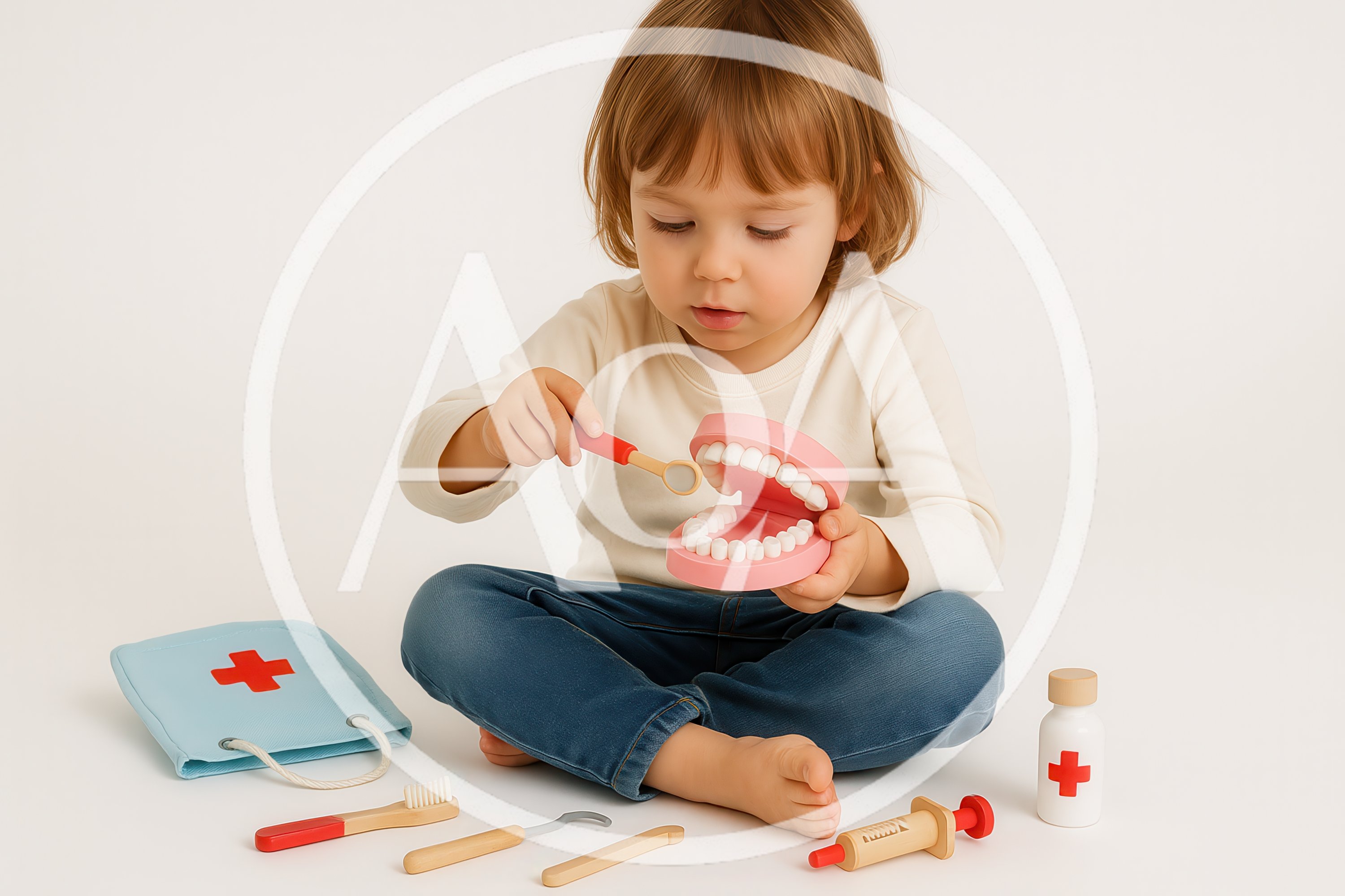 Toddler Playing Dentist With Toy Teeth And Medical Kit